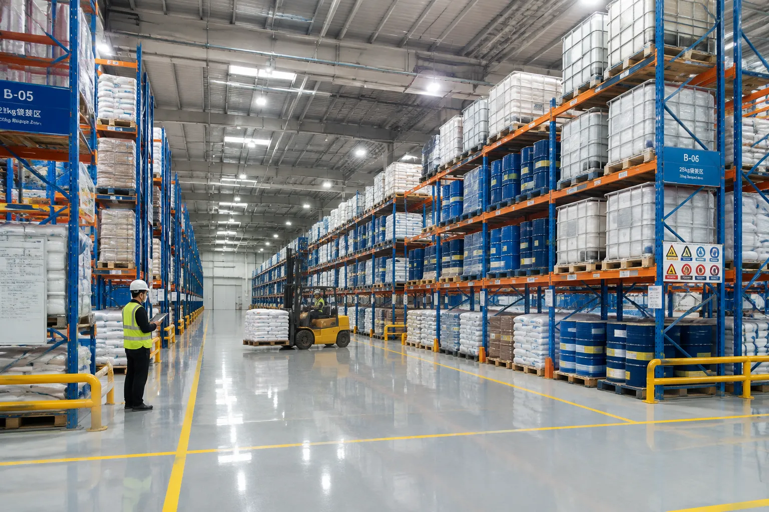 5,000 sqm UET Chemical warehouse panorama with organized racking, IBC totes, drums and ready-stock pallets