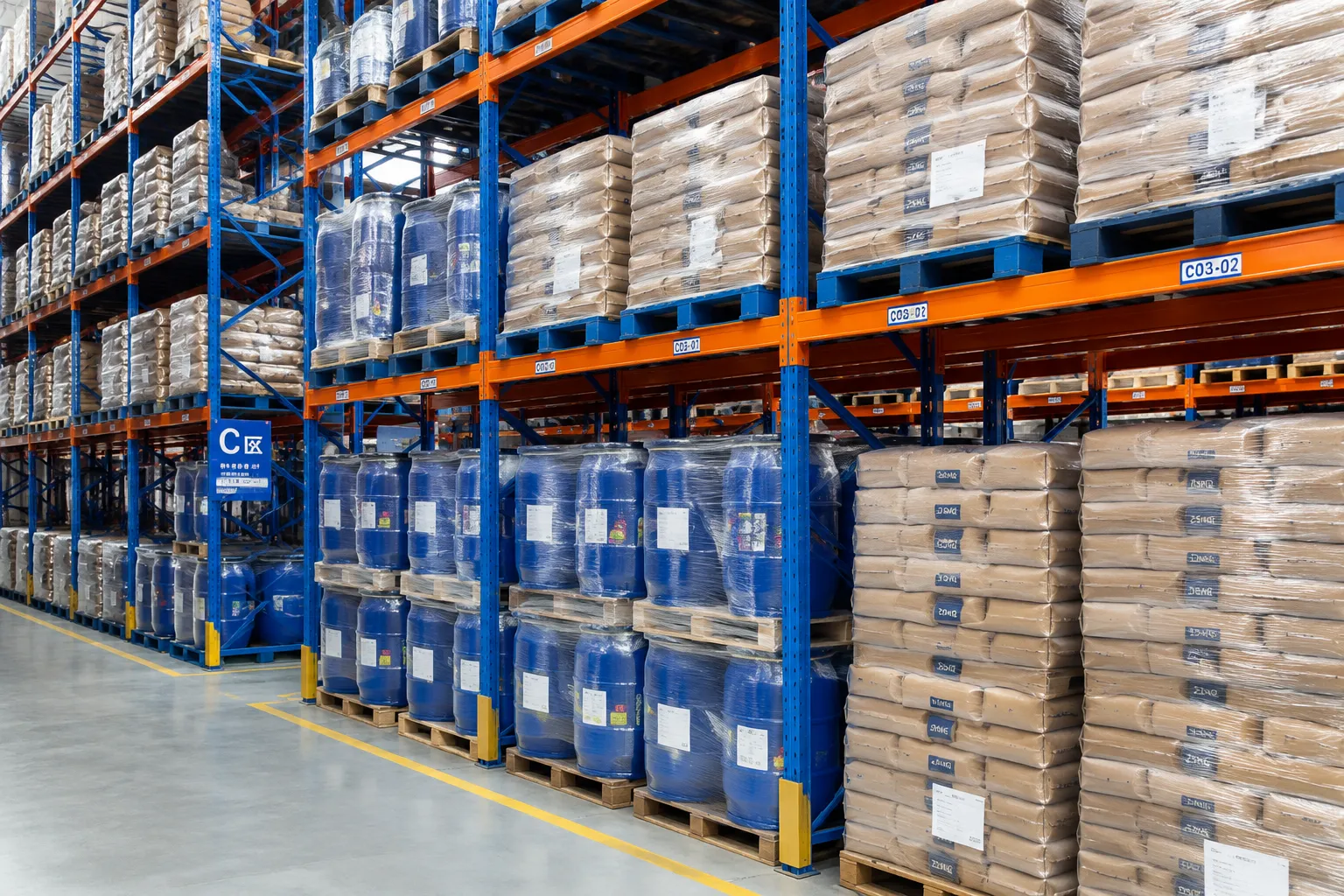 Fully stocked pallet racking with blue drums and bagged chemical raw materials in UET Chemical warehouse