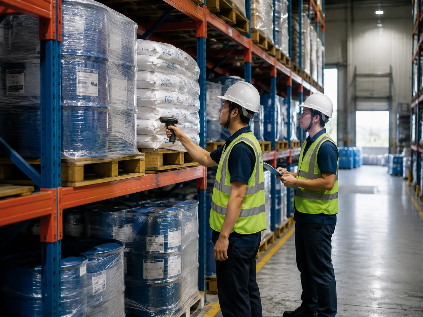 Warehouse team scanning pallet labels for stock management at UET Chemical warehouse