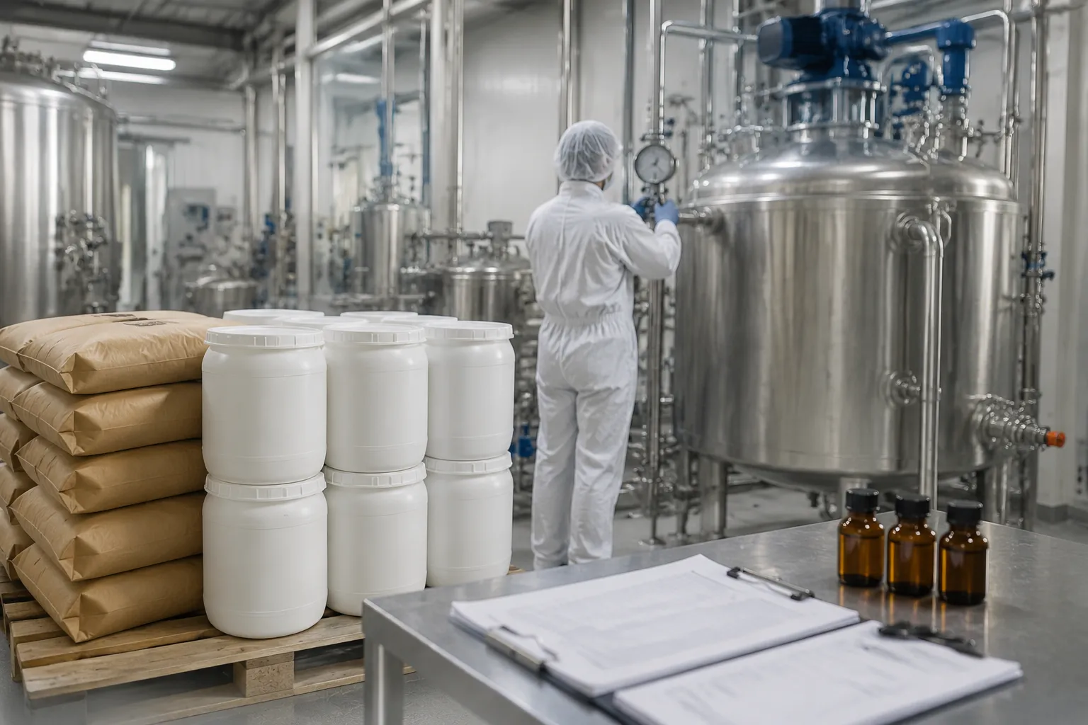 Worker in a cleanroom suit monitoring stainless steel reactors for pharmaceutical API intermediates and food-grade additives production, with compliance documents in the foreground.