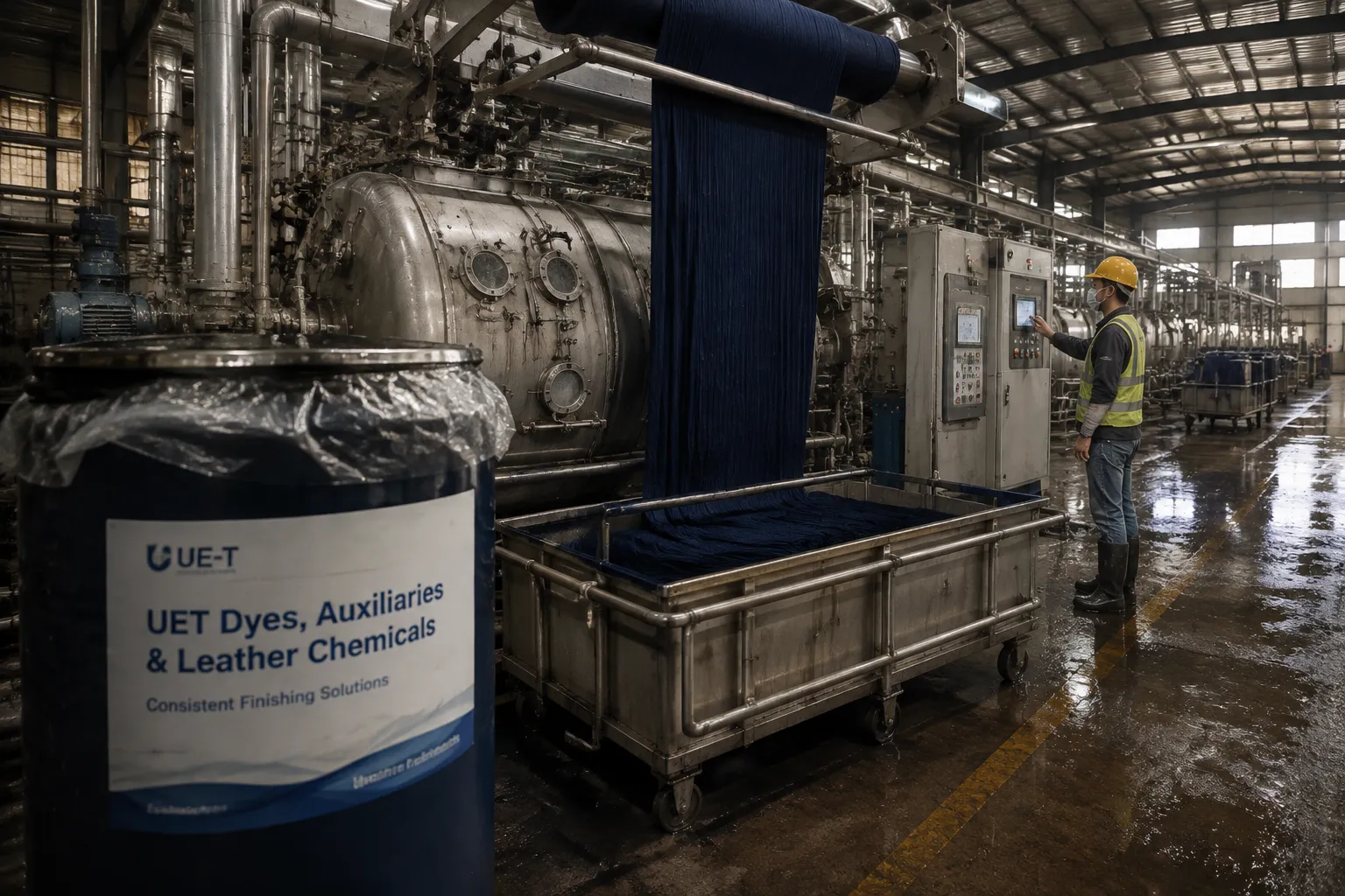 UET drum of dyes and leather chemicals in the foreground of a large-scale textile dyeing mill with a worker operating machinery.