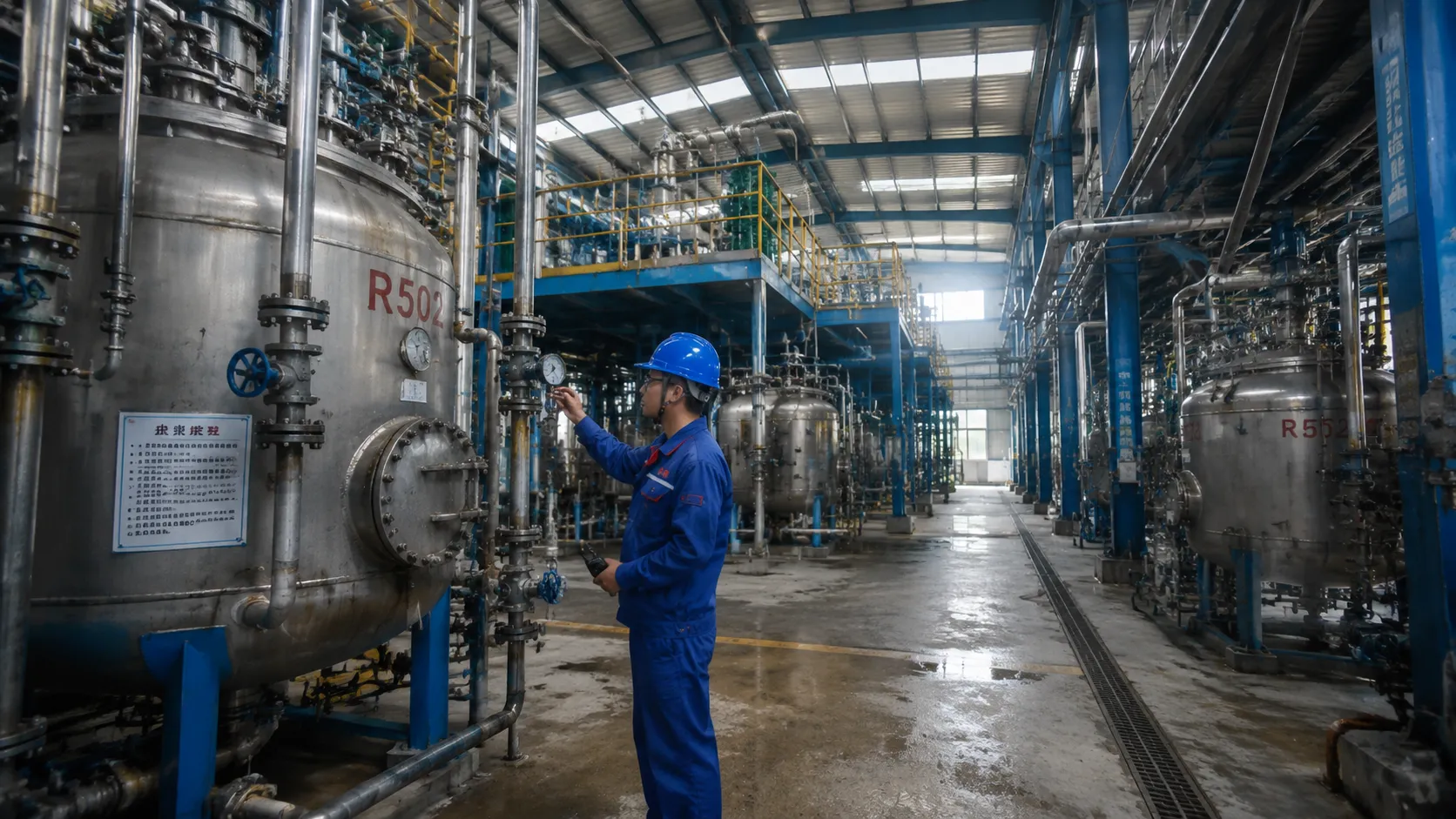 UETChem's modern chemical production facility interior featuring large stainless steel reactors and advanced manufacturing equipment for industrial chemical synthesis.