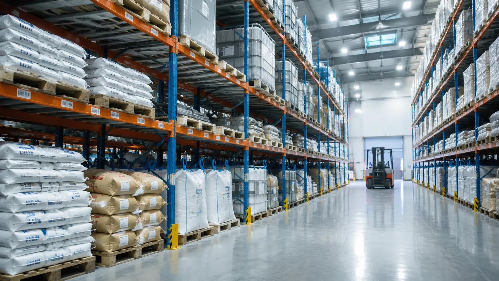 Large-scale organized warehouse at UETChem storing bulk chemical raw materials in 25kg bags and IBC totes on pallets for global export.