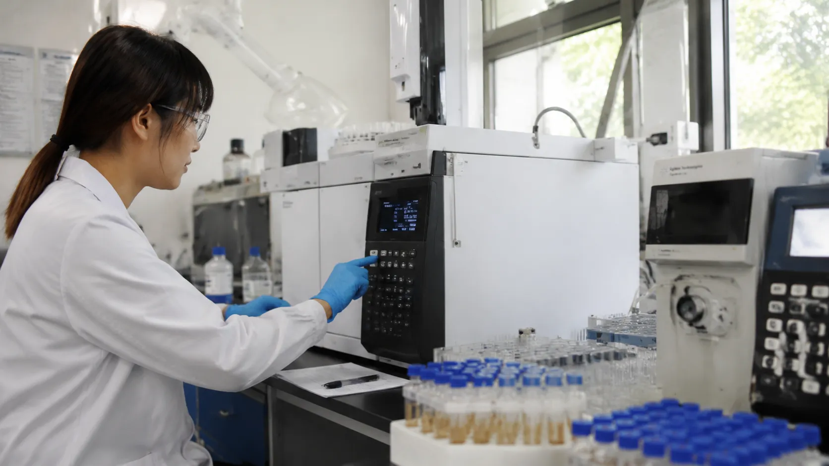 UETChem scientist performing chemical quality control testing on gas chromatography equipment to meet global compliance standards.