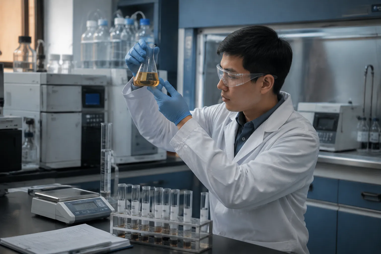 UETChem quality control technician inspecting a chemical sample during pre-shipment laboratory testing