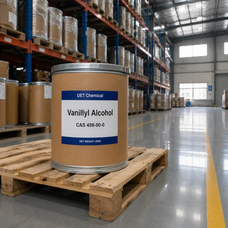 vanillyl-alcohol-cas-498-00-0-fiber-drum-warehouse-stock-uetchmical Fiber drum of Vanillyl Alcohol CAS 498-00-0 on a wooden pallet in a large warehouse, indicating bulk stock availability and professional storage by UET Chemical.