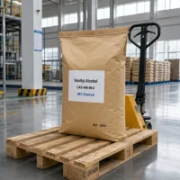 vanillyl-alcohol-cas-498-00-0-kraft-paper-bag-logistics-uetchmical 25kg Kraft paper bag of Vanillyl Alcohol CAS 498-00-0 on a pallet next to a manual hydraulic truck, ready for logistics and dispatch by UET Chemical.