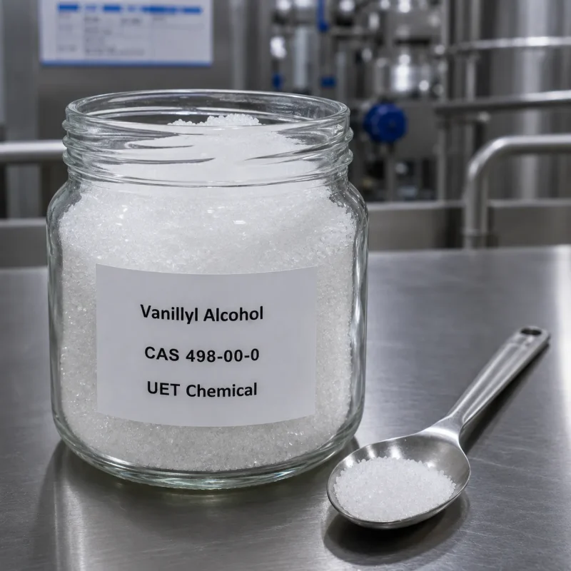 vanillyl-alcohol-cas-498-00-0-white-crystal-sample-uetchmical Glass jar containing white crystalline Vanillyl Alcohol CAS 498-00-0 with a metal spoon, displaying high purity for laboratory testing and flavor applications by UET Chemical.