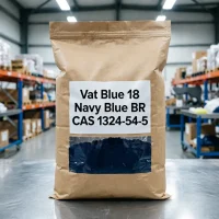 vat-blue-18-navy-br-kraft-bag-cas-1324-54-5 Kraft paper bag of Vat Blue 18 Navy Blue BR dye CAS 1324-54-5, featuring a clear transparent window and label, displaying the deep navy blue pigment powder for the textile printing and dyeing industry.