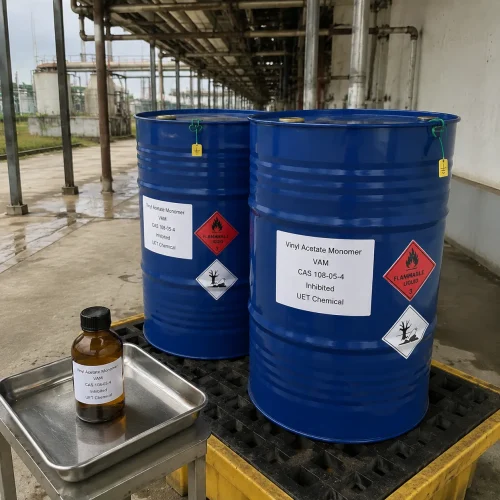 1000L IBC tote of Inhibited Vinyl Acetate Monomer VAM CAS 108-05-4 at chemical facility with safety shower, bulk liquid chemical supply by UET Chemical