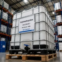 vinyltrimethoxysilane-vtms-cas-2768-02-7-1000l-ibc-tote-tank Large white IBC tote tank containing 1000L of Vinyltrimethoxysilane (VTMS) CAS 2768-02-7, labeled by UET Chemical, sitting on a pallet in a chemical warehouse.