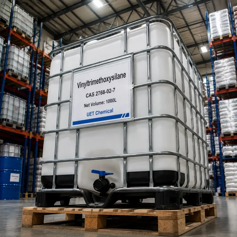 vinyltrimethoxysilane-vtms-cas-2768-02-7-1000l-ibc-tote-tank Large white IBC tote tank containing 1000L of Vinyltrimethoxysilane (VTMS) CAS 2768-02-7, labeled by UET Chemical, sitting on a pallet in a chemical warehouse.