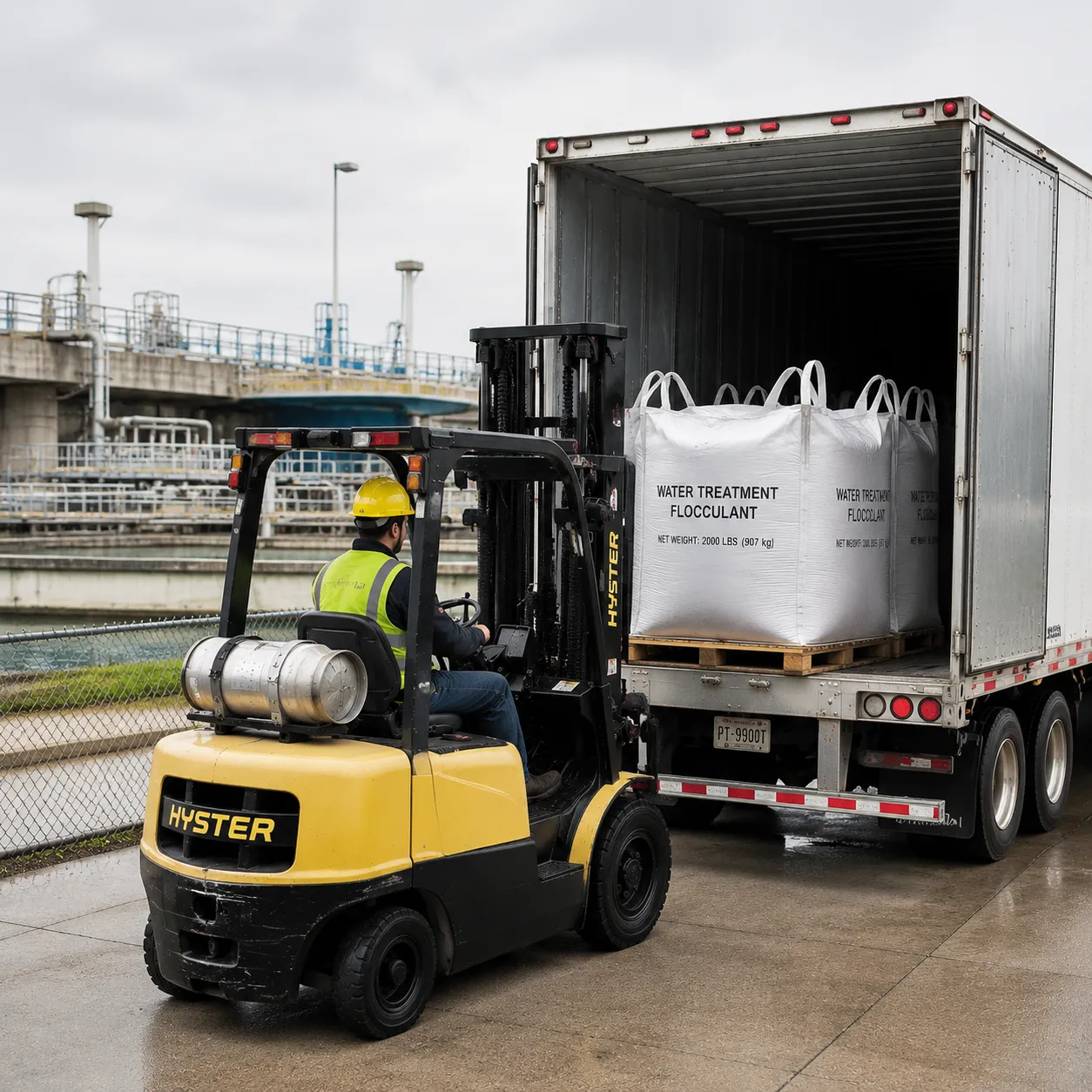 Forklift staging 2000 lb water treatment flocculant FIBC bags into a semi-trailer at a North American wastewater plant