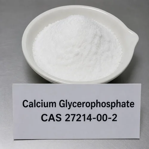 white-calcium-glycerophosphate-powder-cas-27214-00-2 White calcium glycerophosphate powder CAS 27214-00-2, mineral calcium supplement ingredient, in ceramic dish with label card