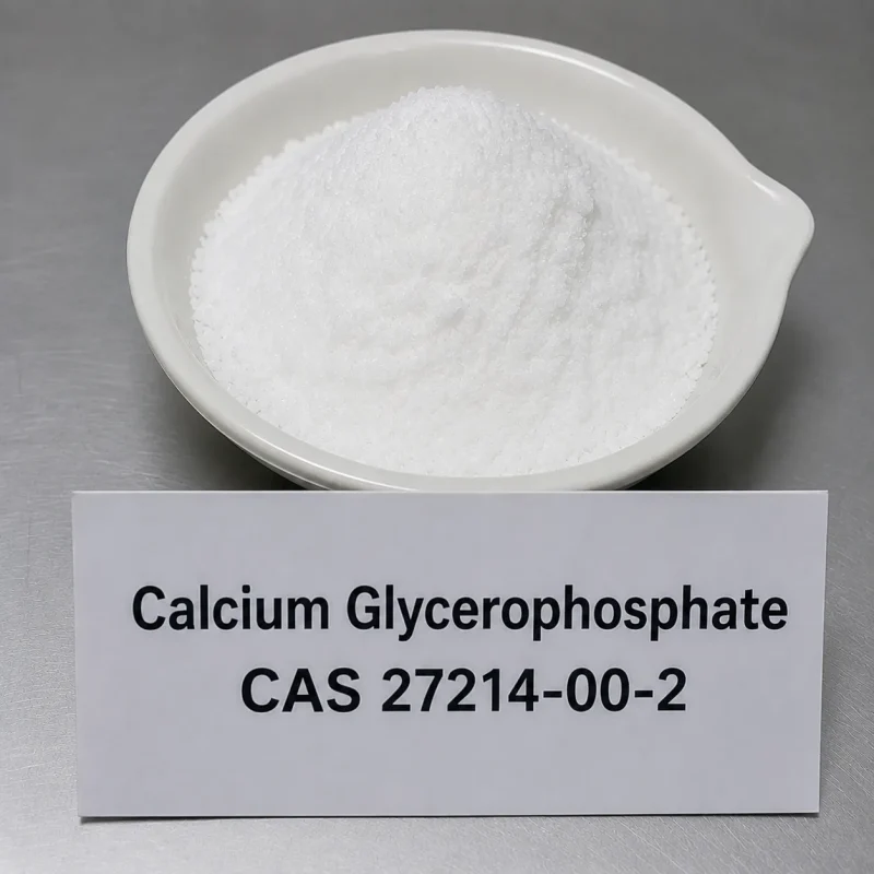 white-calcium-glycerophosphate-powder-cas-27214-00-2 White calcium glycerophosphate powder CAS 27214-00-2, mineral calcium supplement ingredient, in ceramic dish with label card