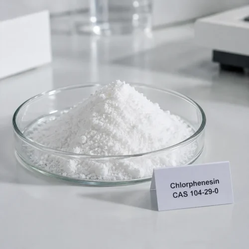 White crystalline chlorphenesin powder CAS 104-29-0, cosmetic preservative raw material, in glass dish with label card