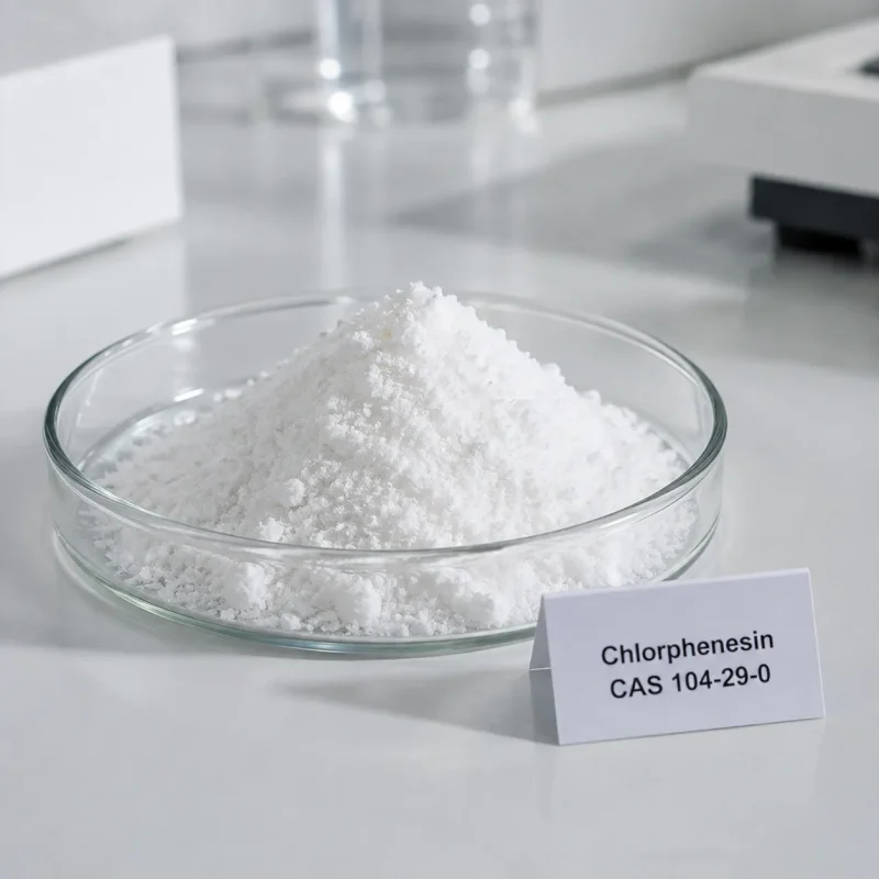 white-chlorphenesin-powder-cosmetic-preservative-cas-104-29-0 White crystalline chlorphenesin powder CAS 104-29-0, cosmetic preservative raw material, in glass dish with label card