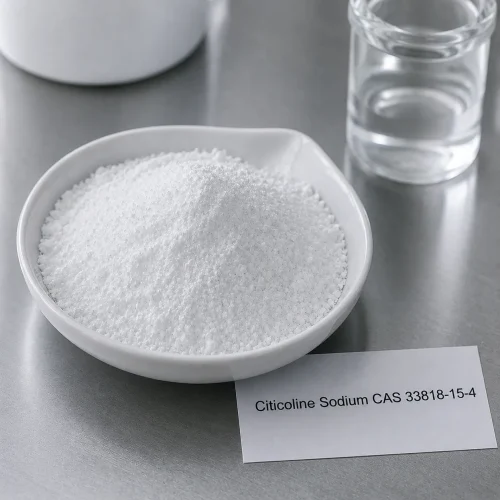 white-citicoline-sodium-cdp-choline-powder-cas-33818-15-4 White crystalline citicoline sodium CDP-choline powder CAS 33818-15-4 in ceramic dish with product label card