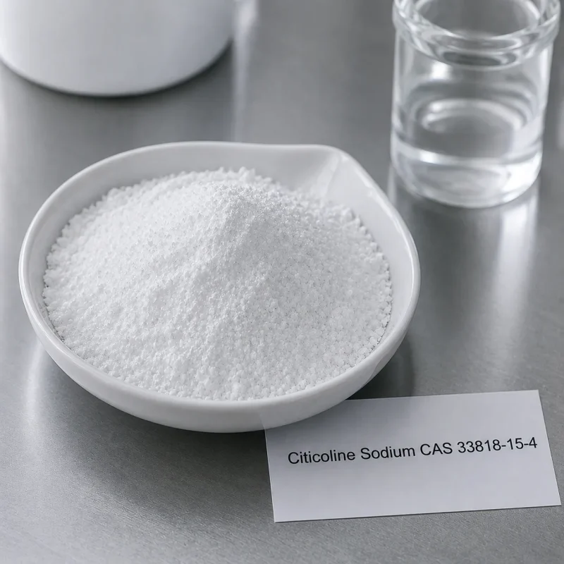 white-citicoline-sodium-cdp-choline-powder-cas-33818-15-4 White crystalline citicoline sodium CDP-choline powder CAS 33818-15-4 in ceramic dish with product label card