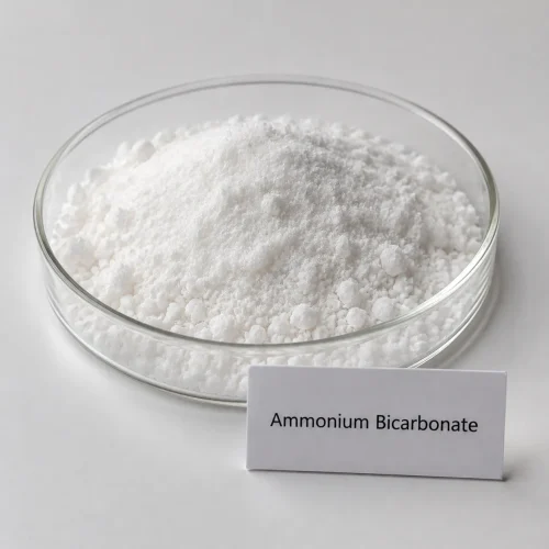 white-crystalline-ammonium-bicarbonate-powder-cas-1066-33-7 White crystalline ammonium bicarbonate (ammonium hydrogen carbonate) powder CAS 1066-33-7 in glass dish with label card