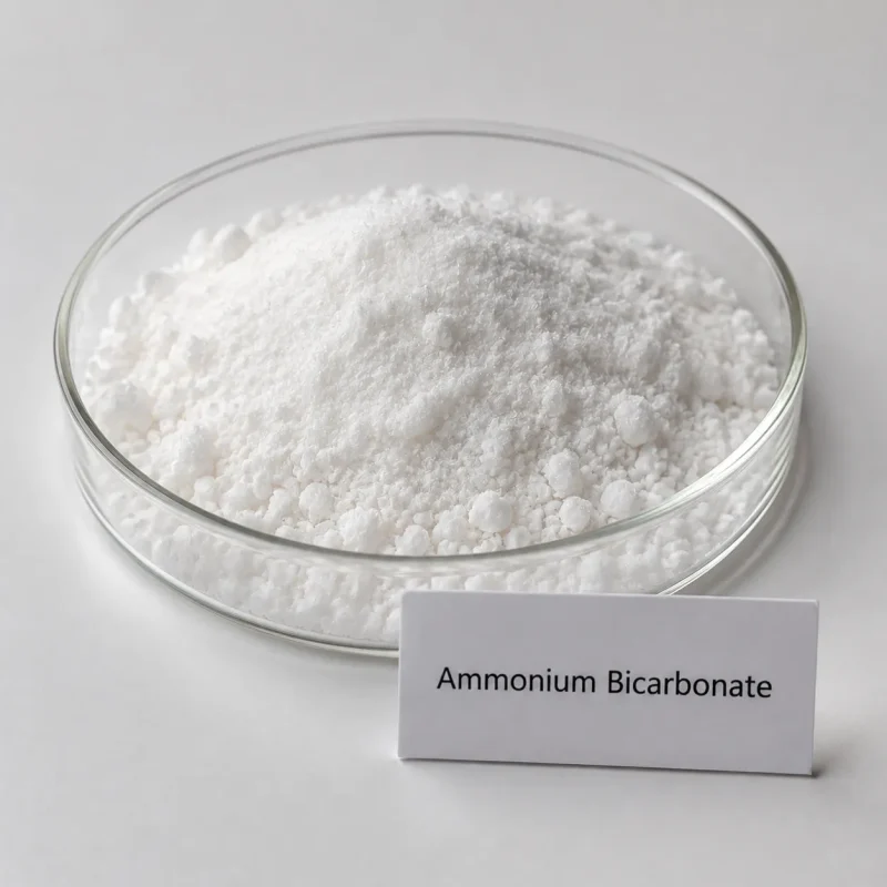 white-crystalline-ammonium-bicarbonate-powder-cas-1066-33-7 White crystalline ammonium bicarbonate (ammonium hydrogen carbonate) powder CAS 1066-33-7 in glass dish with label card