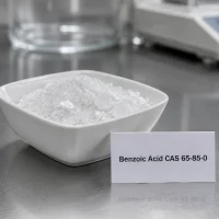white-crystalline-benzoic-acid-flakes-cas-65-85-0 White crystalline benzoic acid flakes CAS 65-85-0 in white ceramic dish with product label card on lab bench