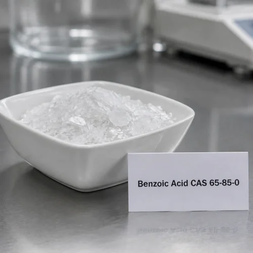 white-crystalline-benzoic-acid-flakes-cas-65-85-0 White crystalline benzoic acid flakes CAS 65-85-0 in white ceramic dish with product label card on lab bench