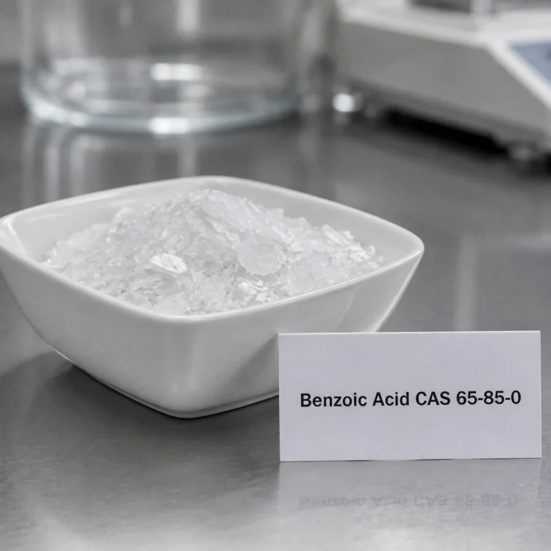 white-crystalline-benzoic-acid-flakes-cas-65-85-0 White crystalline benzoic acid flakes CAS 65-85-0 in white ceramic dish with product label card on lab bench