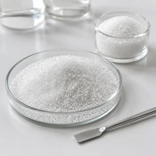 white-crystalline-citric-acid-anhydrous-granules-cas-77-92-9 White crystalline citric acid anhydrous granules CAS 77-92-9 shown in glass laboratory dishes with stainless spatula