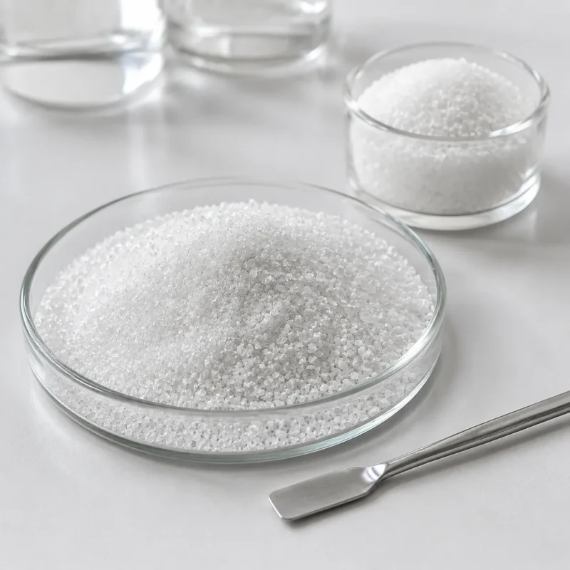 white-crystalline-citric-acid-anhydrous-granules-cas-77-92-9 White crystalline citric acid anhydrous granules CAS 77-92-9 shown in glass laboratory dishes with stainless spatula