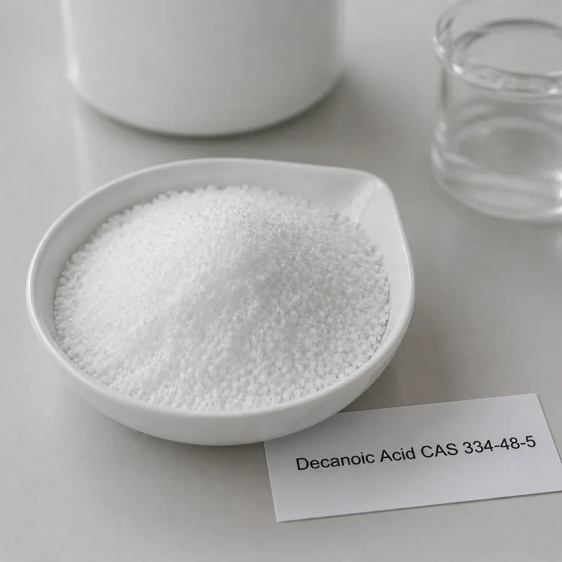 white-crystalline-decanoic-acid-capric-acid-powder-cas-334-48-5 White crystalline decanoic acid capric acid powder CAS 334-48-5 in white ceramic dish with product label card