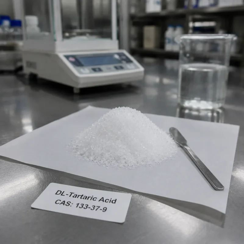 white-crystalline-dl-tartaric-acid-crystals-lab-cas-133-37-9 White crystalline DL-tartaric acid crystals CAS 133-37-9 on paper with spatula in laboratory quality testing scene