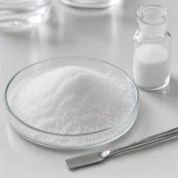 white-crystalline-saccharin-sodium-sweetener-granules-cas-128-44-9 White crystalline saccharin sodium sweetener granules CAS 128-44-9 in glass dish and reagent bottle with spatula