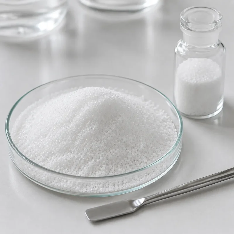 white-crystalline-saccharin-sodium-sweetener-granules-cas-128-44-9 White crystalline saccharin sodium sweetener granules CAS 128-44-9 in glass dish and reagent bottle with spatula