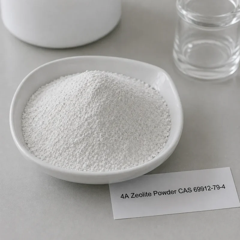 white-fine-4a-zeolite-powder-molecular-sieve-cas-69912-79-4 White fine 4A zeolite powder (4A molecular sieve) CAS 69912-79-4 in white ceramic dish with product label card