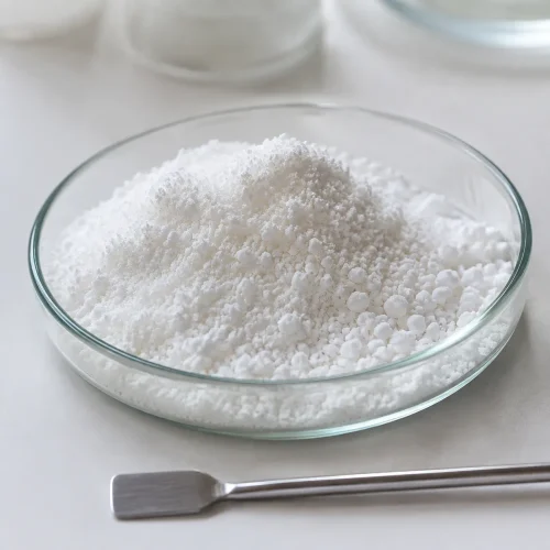 White granular sodium acid pyrophosphate (SAPP) powder CAS 7758-16-9 shown in glass laboratory dish with spatula