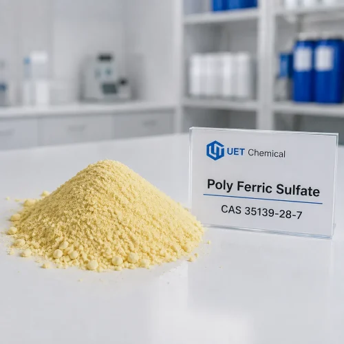 yellow-poly-ferric-sulfate-pfs-powder-water-treatment-cas-35139-28-7 Yellow poly ferric sulfate (PFS) powder CAS 35139-28-7, water treatment coagulant, with UET Chemical label sign