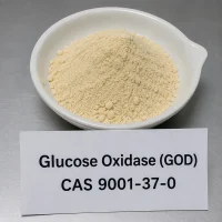 Light yellow glucose oxidase (GOD) enzyme powder CAS 9001-37-0 in white ceramic dish with product label card