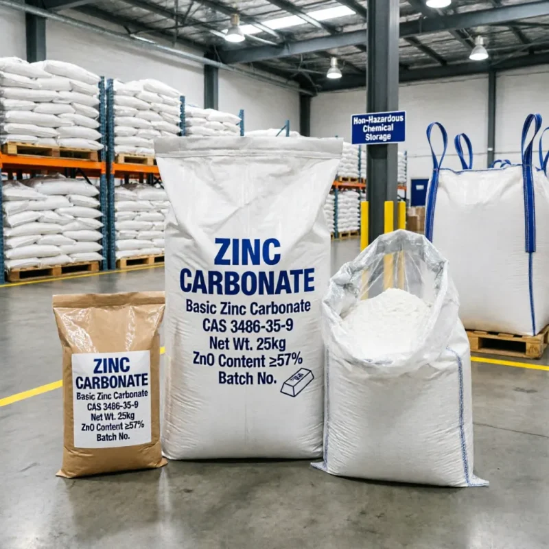 zinc-carbonate-cas-3486-35-9-25kg-bag-fibc-non-hazardous-packaging Various industrial packaging options for Zinc Carbonate CAS 3486-35-9, showing a 25kg woven bag, kraft paper bag, and FIBC bulk bag, stored in a Non-Hazardous Chemical Storage warehouse.