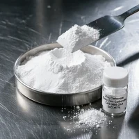zinc-carbonate-cas-3486-35-9-white-powder-zno-57-percent Macro close-up of high-purity Zinc Carbonate Basic Zinc Carbonate CAS 3486-35-9 white powder in a metal dish with a spatula, labeled with ZnO content ≥57% for industrial applications.
