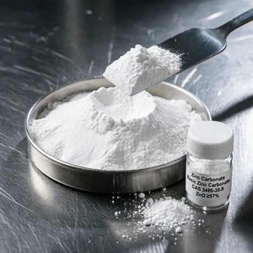zinc-carbonate-cas-3486-35-9-white-powder-zno-57-percent Macro close-up of high-purity Zinc Carbonate Basic Zinc Carbonate CAS 3486-35-9 white powder in a metal dish with a spatula, labeled with ZnO content ≥57% for industrial applications.