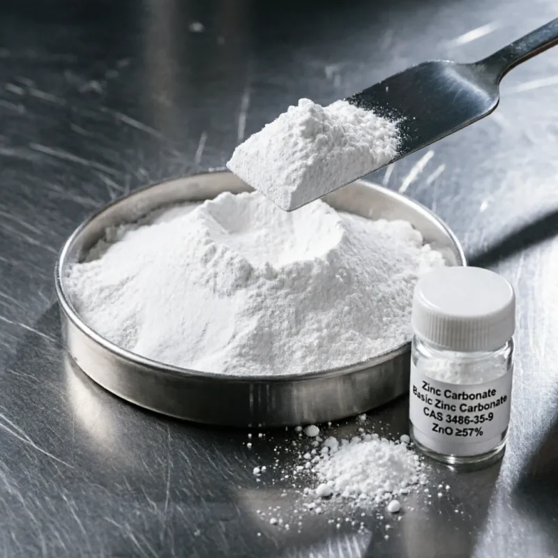 zinc-carbonate-cas-3486-35-9-white-powder-zno-57-percent Macro close-up of high-purity Zinc Carbonate Basic Zinc Carbonate CAS 3486-35-9 white powder in a metal dish with a spatula, labeled with ZnO content ≥57% for industrial applications.