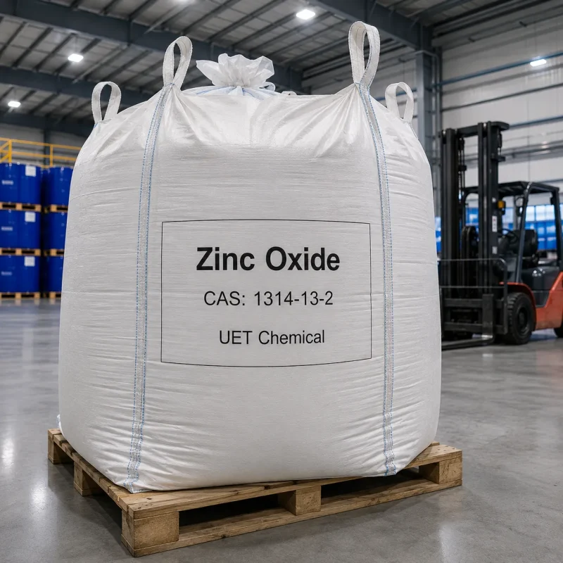 Large white jumbo bag (ton bag) of Zinc Oxide CAS 1314-13-2 on a black plastic pallet in a warehouse, label showing UET Chemical branding, with IBC tanks visible in the background.