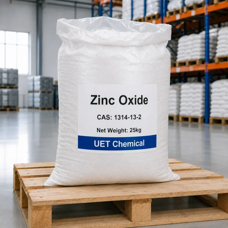 25kg white woven bag of Zinc Oxide CAS 1314-13-2 on a wooden pallet in a warehouse, label showing net weight and UET Chemical branding, with shelves of similar bags in the background.