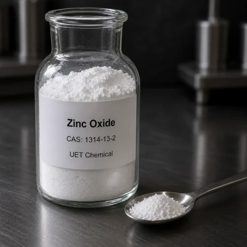 zinc-oxide-cas-1314-13-2-white-powder-sample-glass-bottle Fine white powder sample of Zinc Oxide CAS 1314-13-2 in a transparent glass reagent bottle with a stainless steel spoon beside it on a dark metal lab bench, label showing UET Chemical branding.