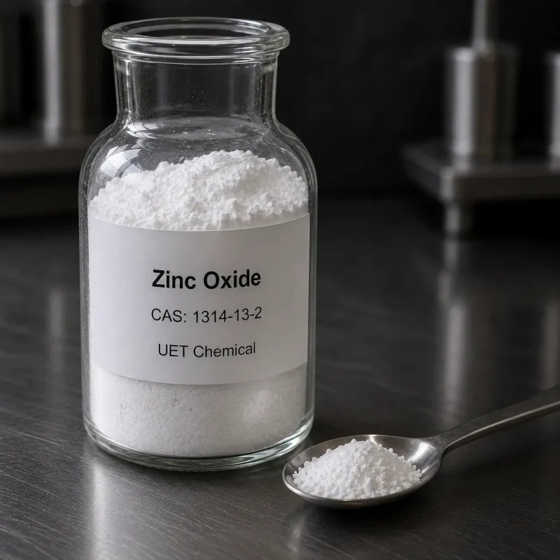 Fine white powder sample of Zinc Oxide CAS 1314-13-2 in a transparent glass reagent bottle with a stainless steel spoon beside it on a dark metal lab bench, label showing UET Chemical branding.